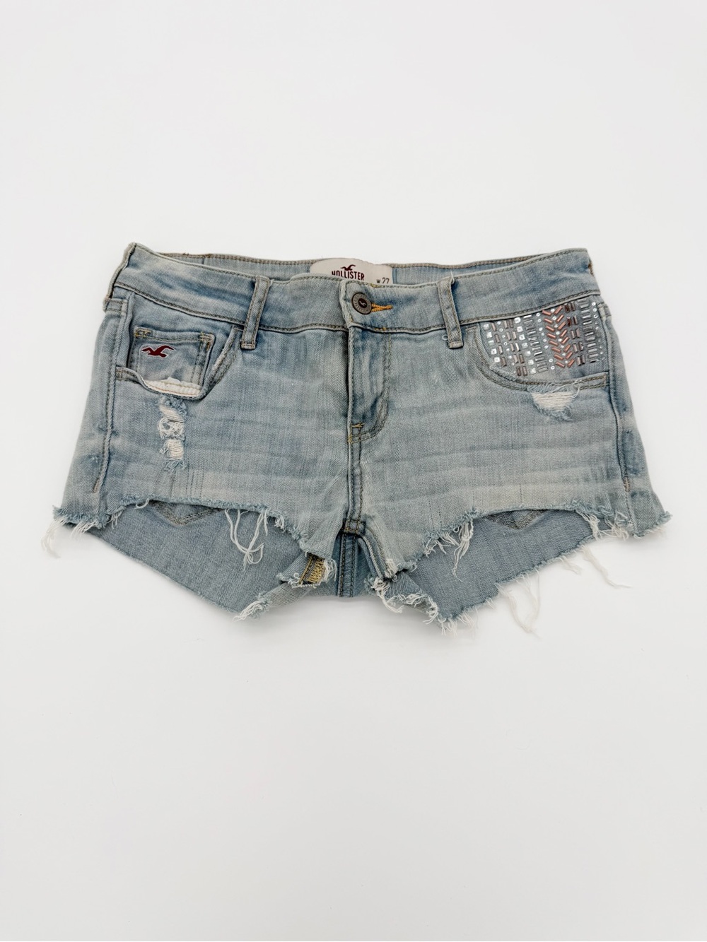 Hollister Faded Light Blue Distressed Denim Cutoff Shorts with Stud Accents